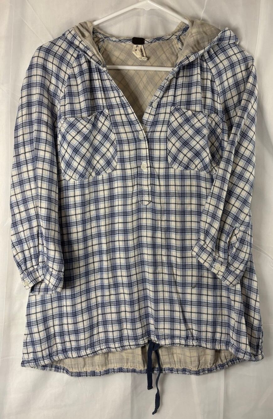 We The Free Plaid Hooded 3/4 Sleeve Blouse Size Small